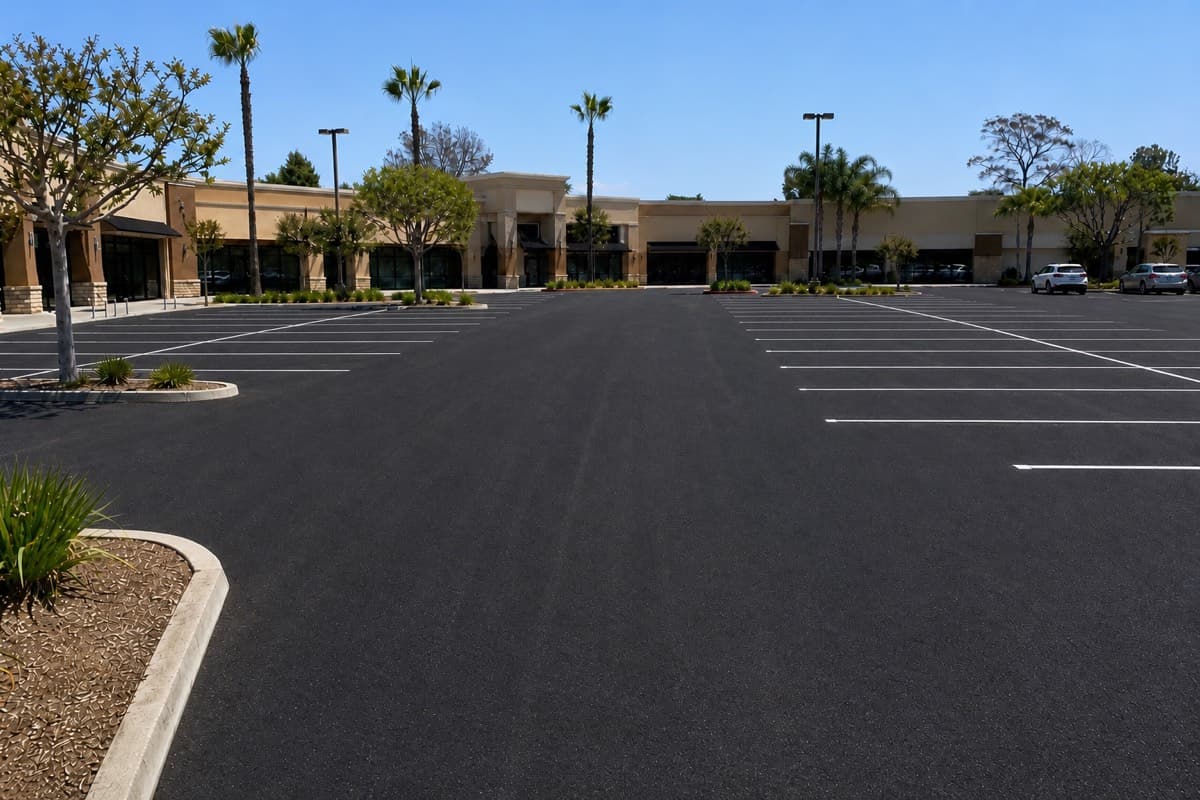 The same full commercial parking lot with dark freshly resurfaced asphalt and renewed white striping