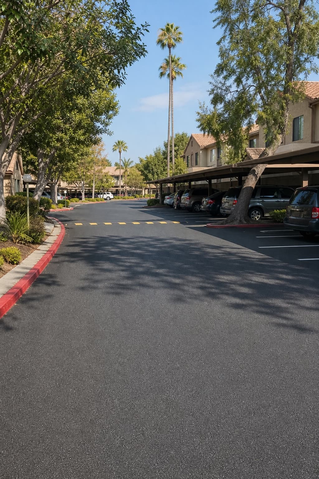 Illustrative iPhone-style view of a newly paved apartment community drive and parking area