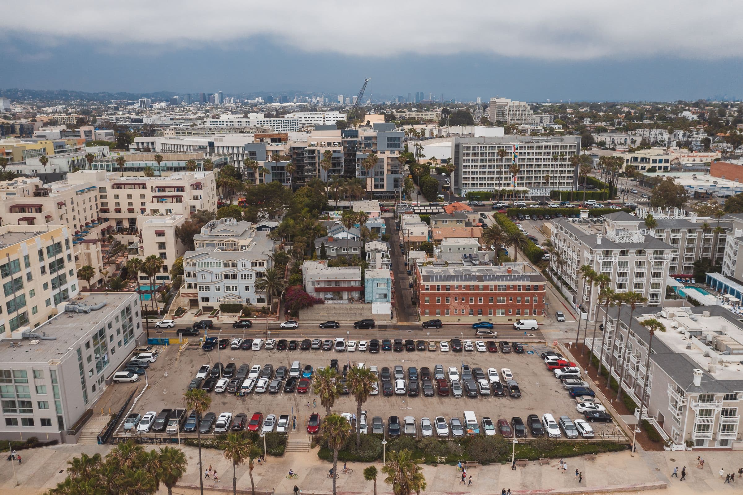 Real aerial photograph of commercial properties and parking areas in Los Angeles